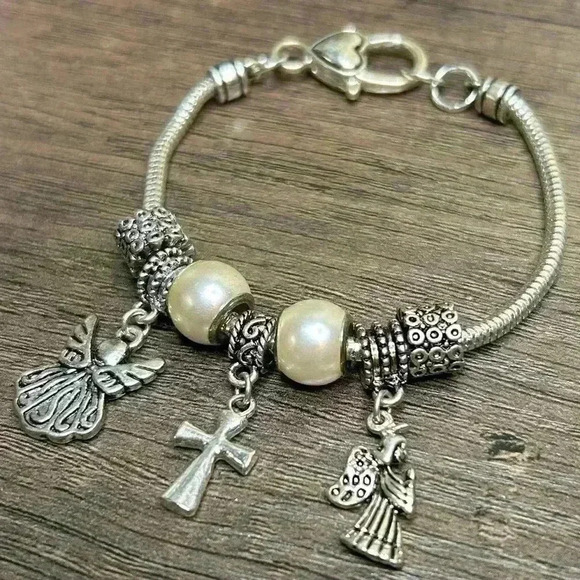 Silver Tone Angels and Cross Faux Pearl and Metal Bead Charms Bracelet - Picture 1 of 2